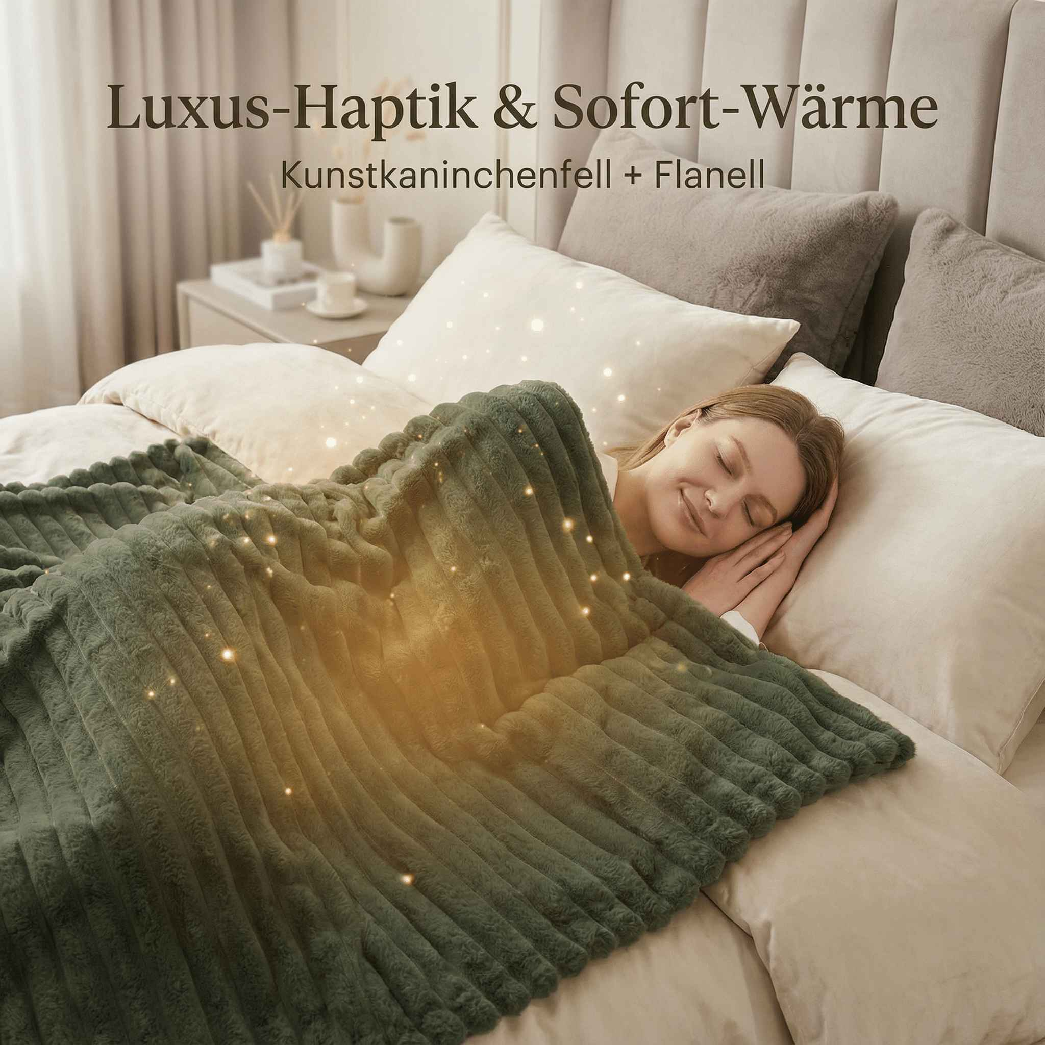 Eine Frau schläft unter einer weichen, grünen Decke mit funkelnden Lichtern.