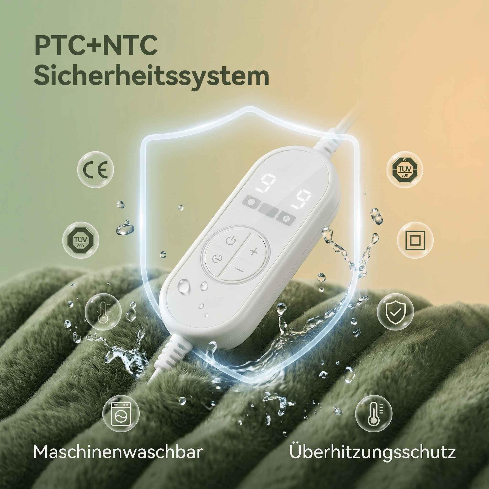 Ein weißer Controller mit Digitalanzeige auf einer grünen Decke.