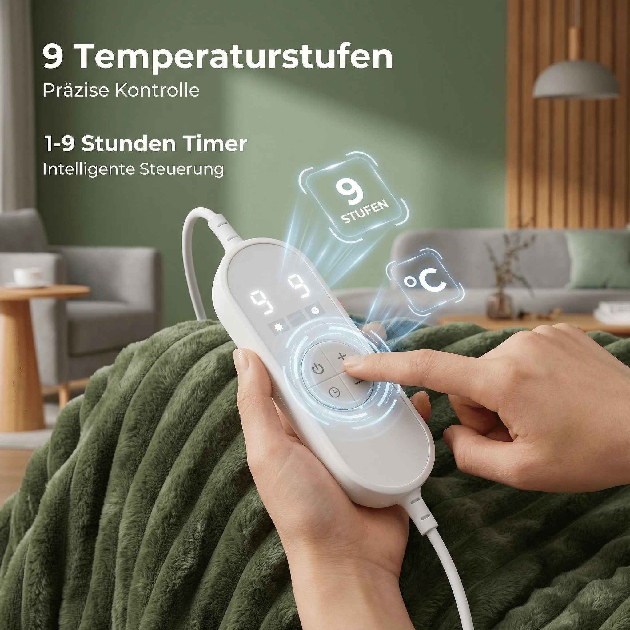 Hand bedient eine weiße Heizdecke mit 9 Stufen und Timer-Einstellung.
