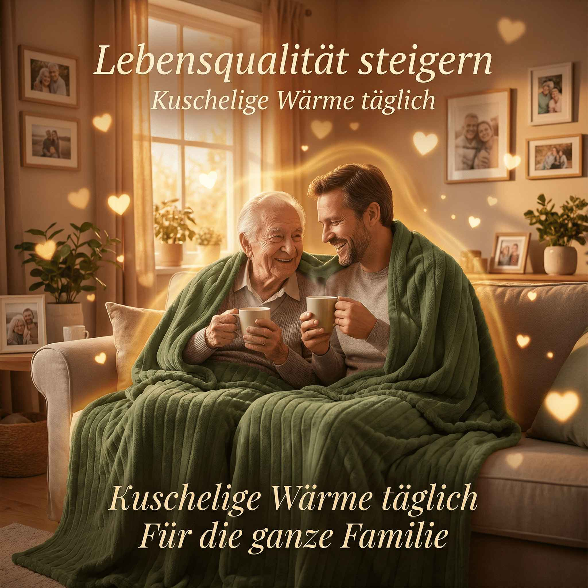 Ein älterer Mann und ein jüngerer Mann kuscheln sich in eine Decke, halten Tassen.