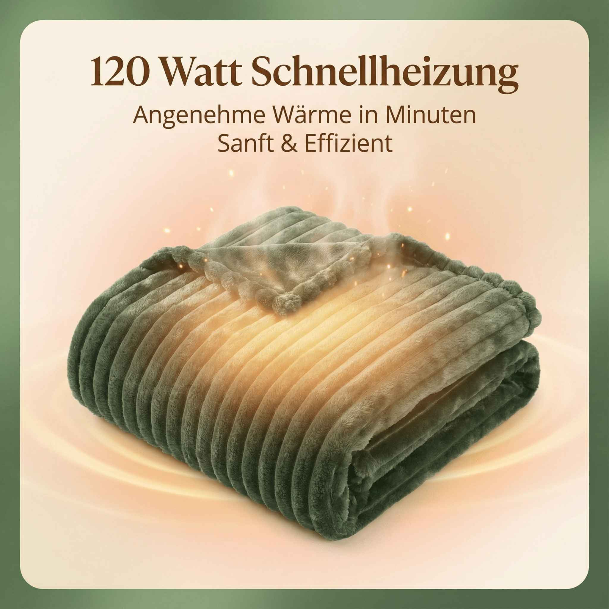 Ein grüner Heizwickel mit Wellenmuster und Bommeln. Leuchtet warm.