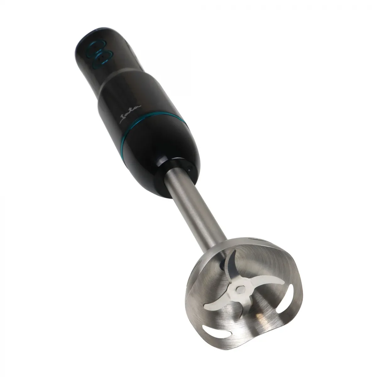 Czarny blender ręczny ze stopą i ostrzami ze stali nierdzewnej.