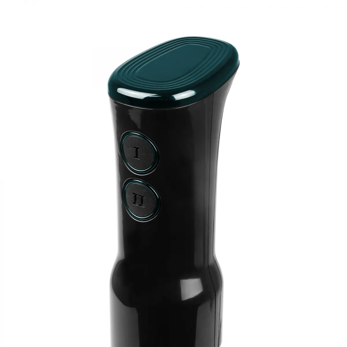 Czarny uchwyt blendera ręcznego z zieloną nasadką i dwoma przyciskami: I i II.