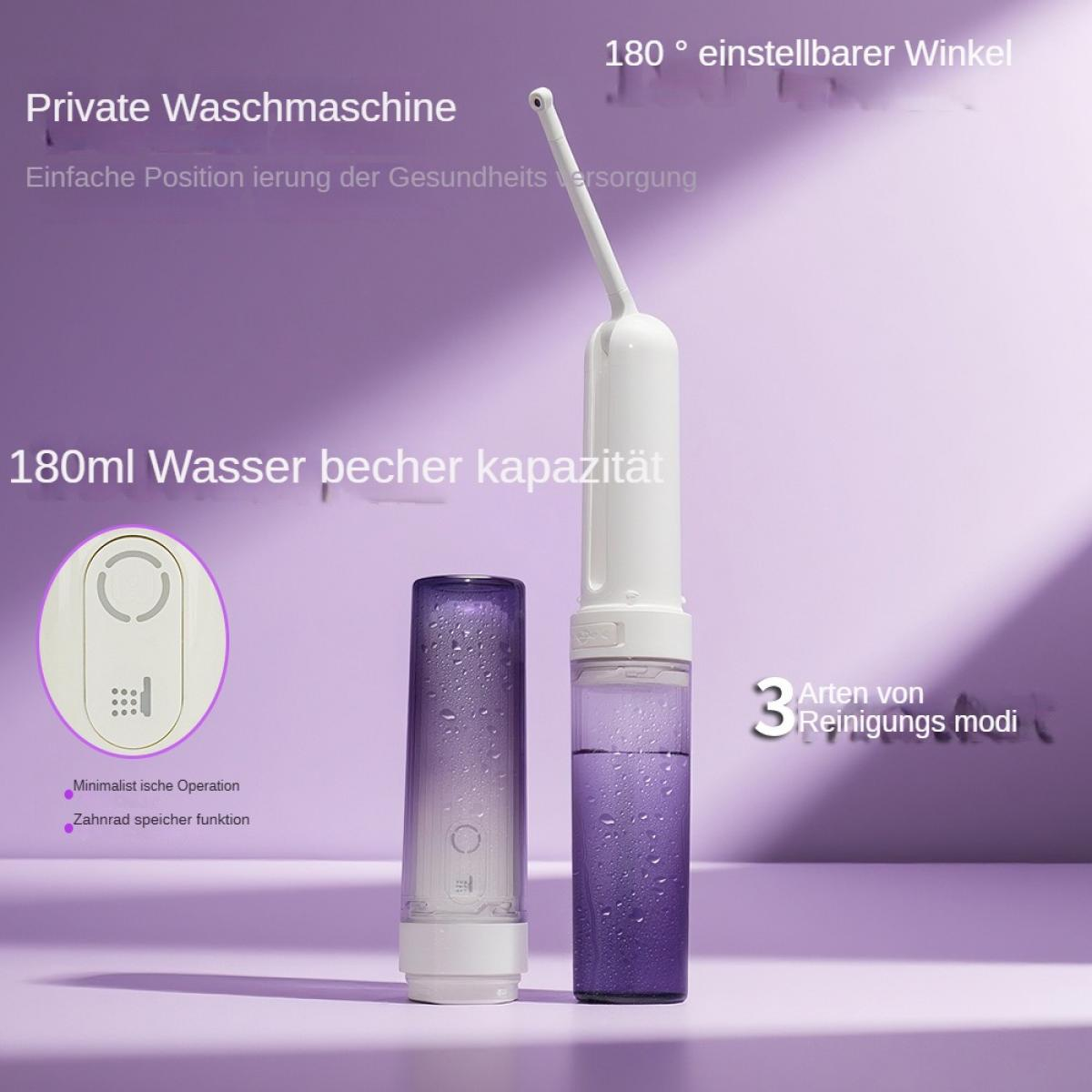 Ein weißer Wasserspüler mit 180ml Kapazität und ein lila Behälter.