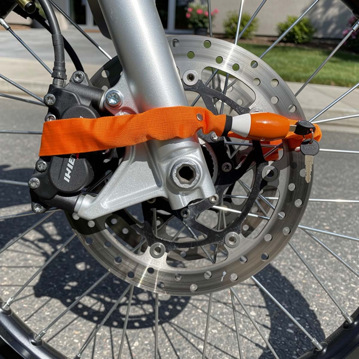 Ein oranges Fahrradschloss sichert die Bremsscheibe eines Motorrads.