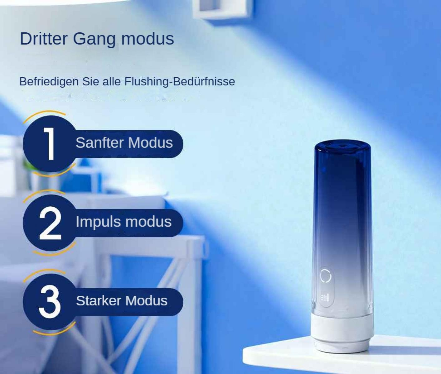 Ein blau-weißer Behälter mit drei Modi: Sanfter, Impuls und Starker Modus.