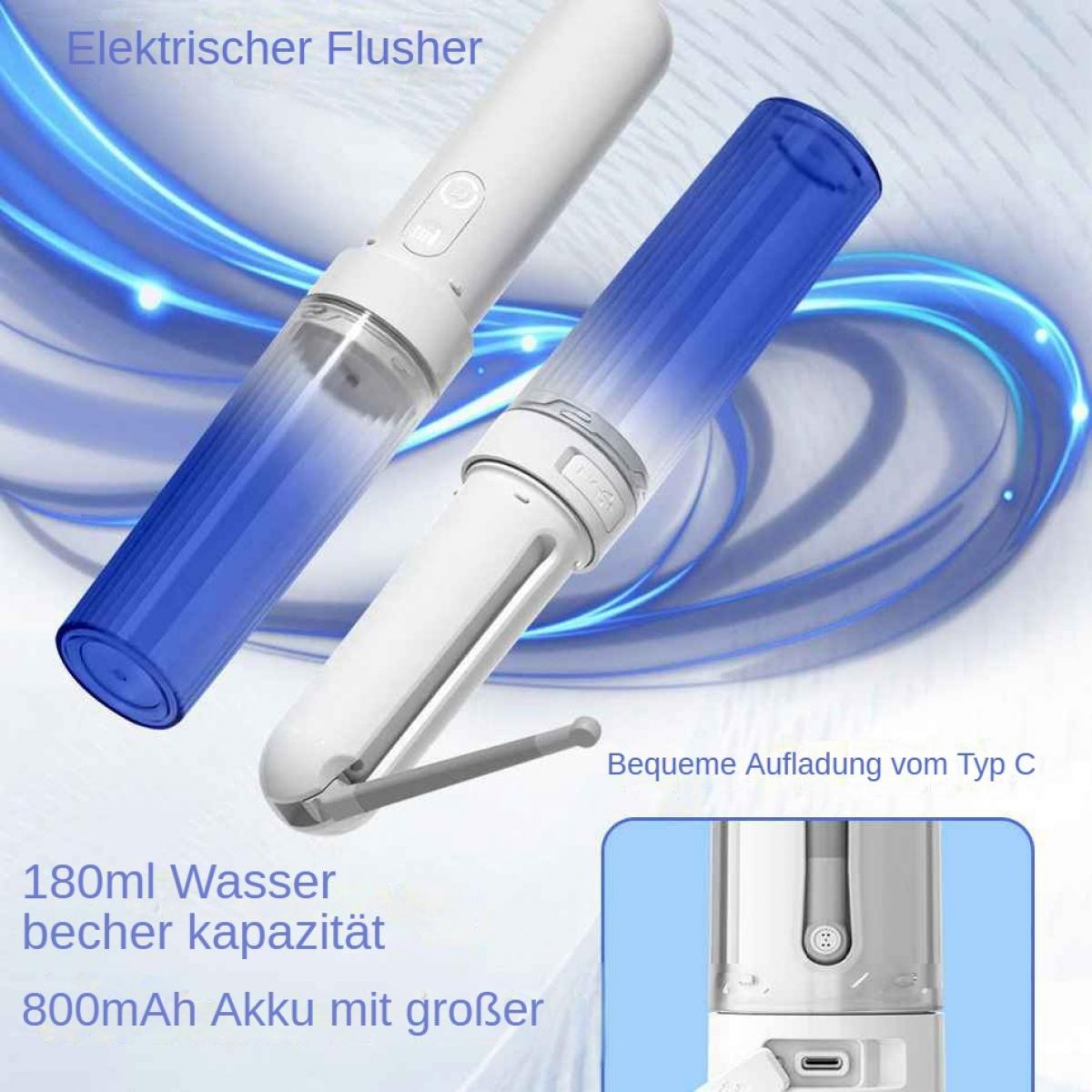Zwei elektrische Mundduschen mit blauem Behälter und Typ-C-Aufladung.
