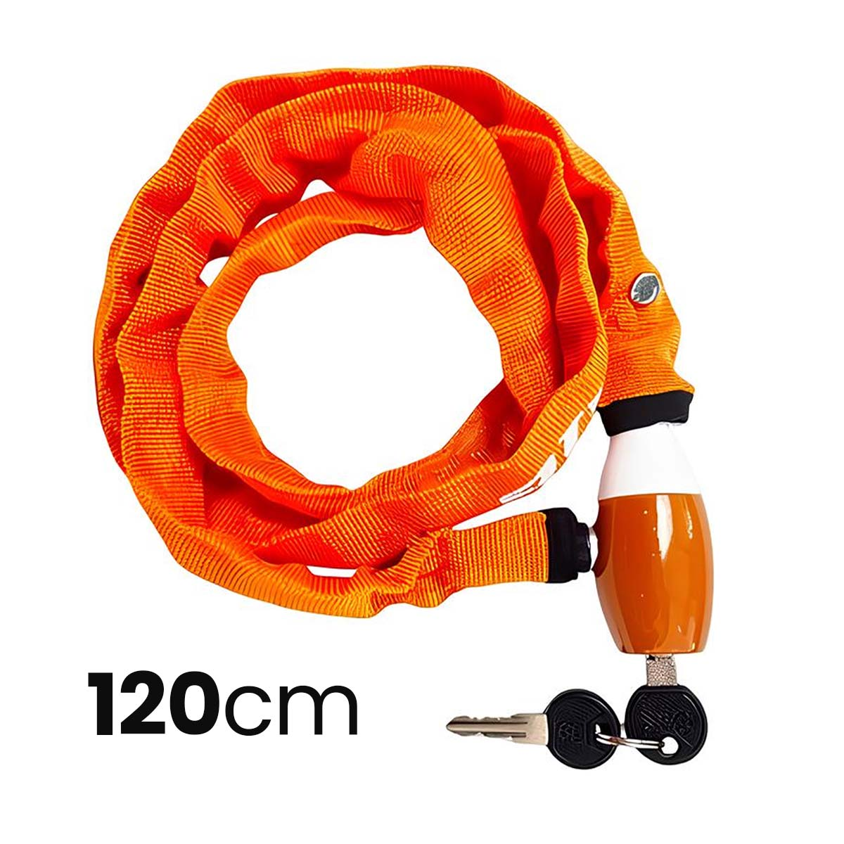 Eine leuchtend orangefarbene Kette mit Schloss und zwei Schlüsseln.