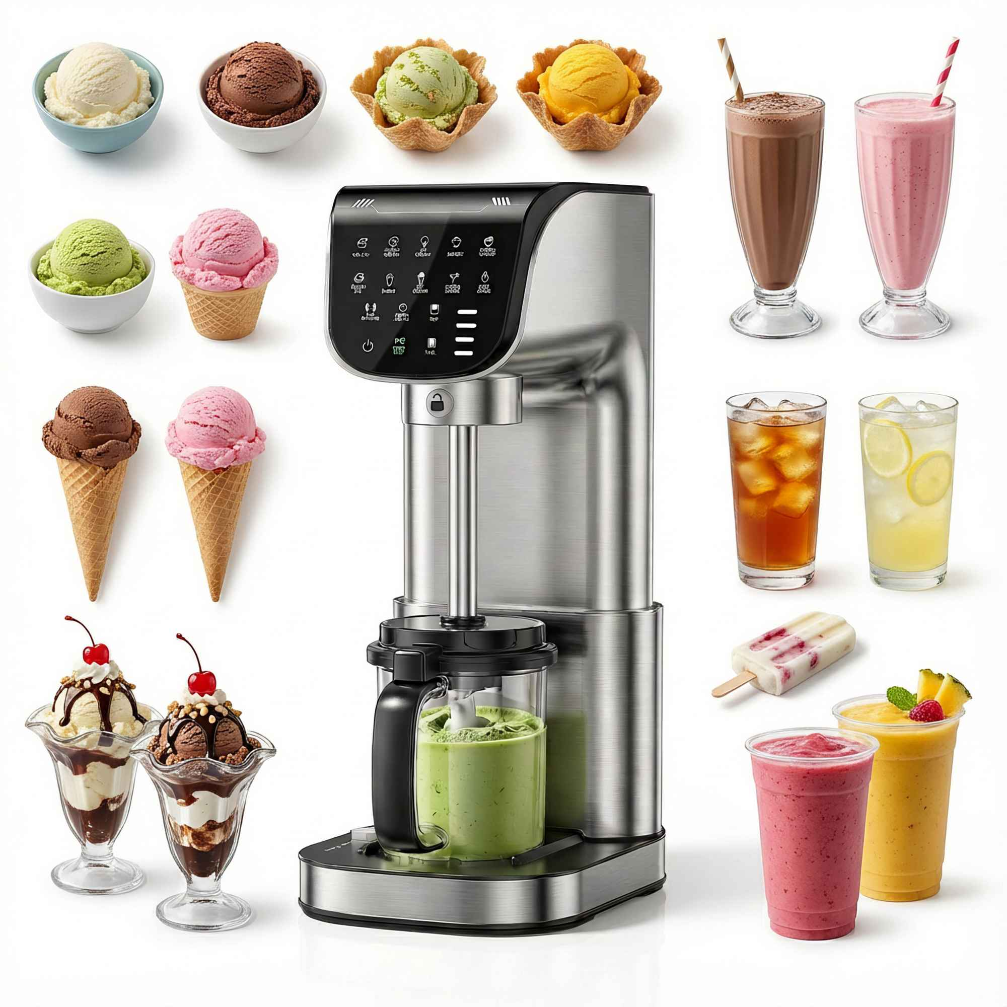 Eismaschine mit verschiedenen Eissorten, Shakes, Eis und Getränken.