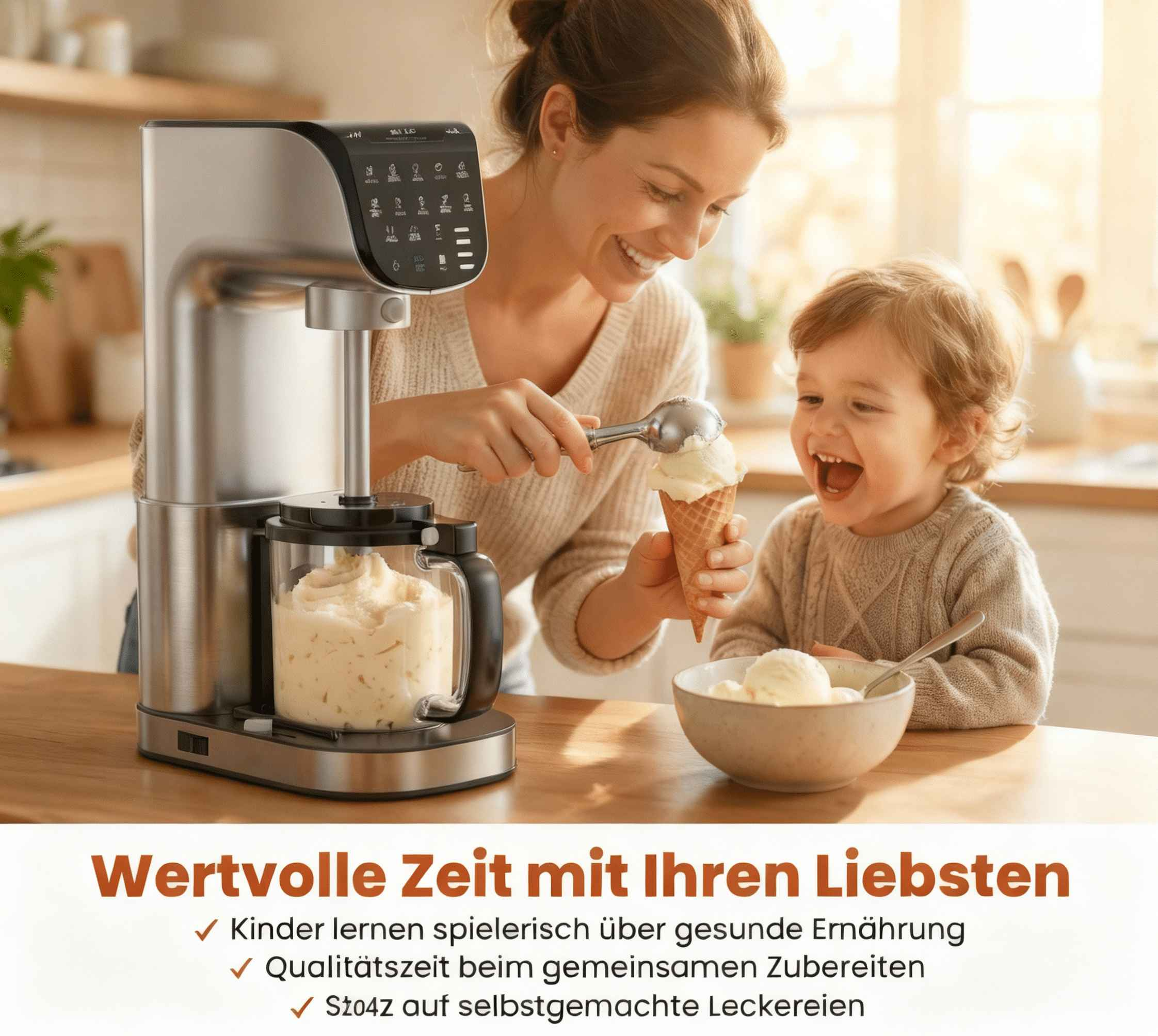 Eine Frau und ein Kind machen Eis mit einer Eismaschine. Es gibt Eis in einer Waffel und Schüssel.
