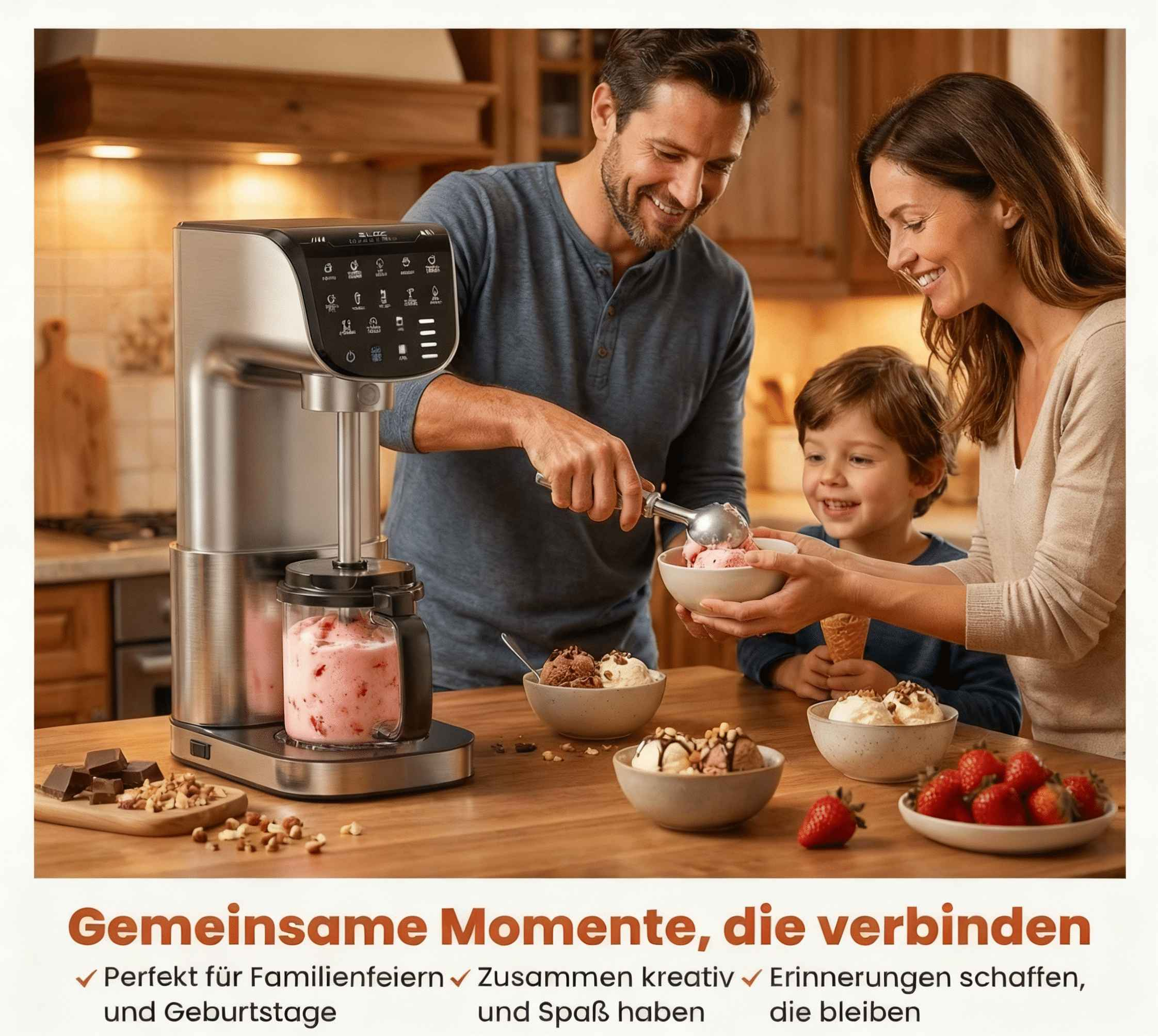 Familie macht Eiscreme mit einer Maschine. Schale mit Erdbeeren.