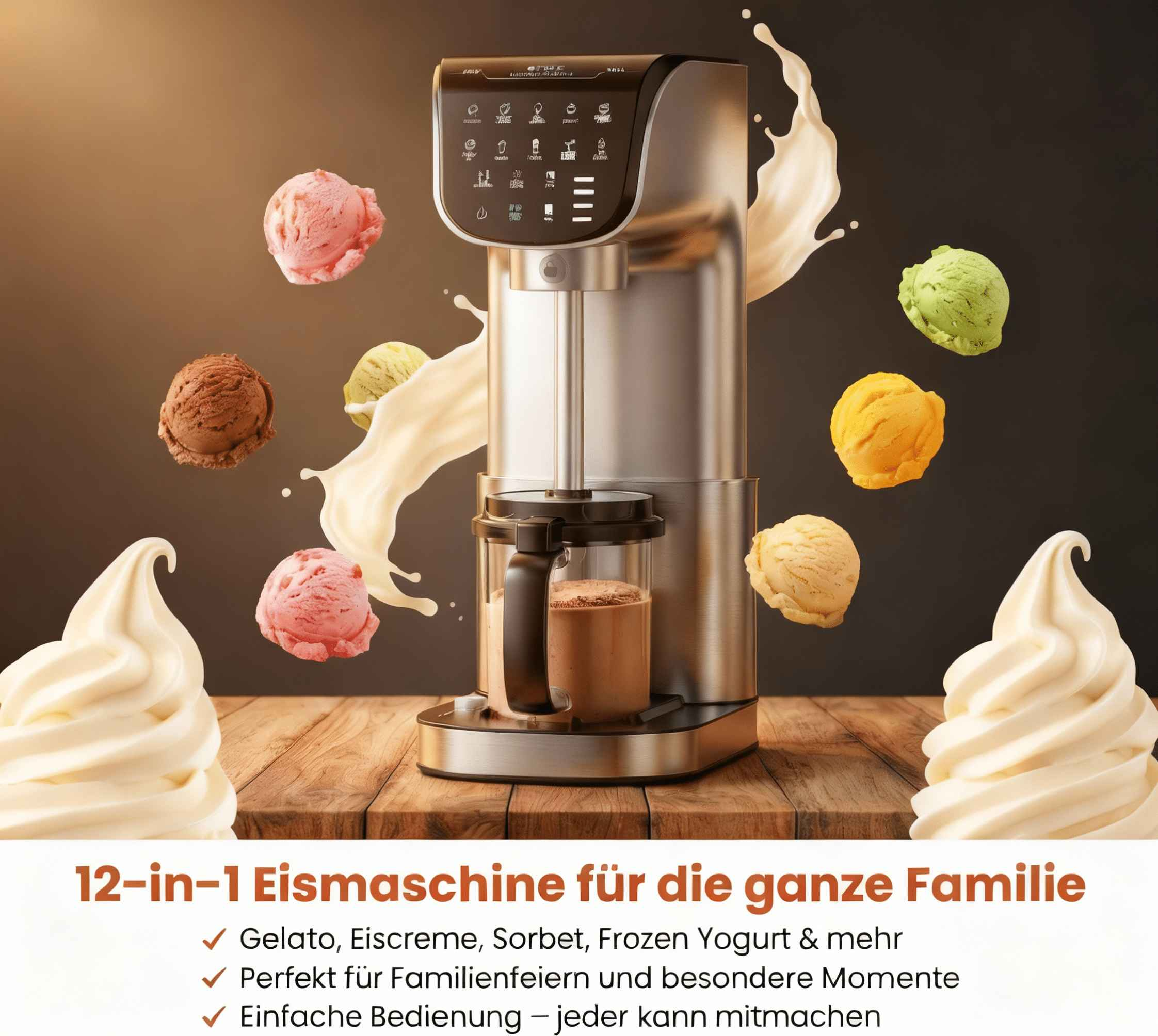 Eismaschine mit bunten Eiskugeln und Softeis. Sie macht Gelato, Eiscreme & mehr.