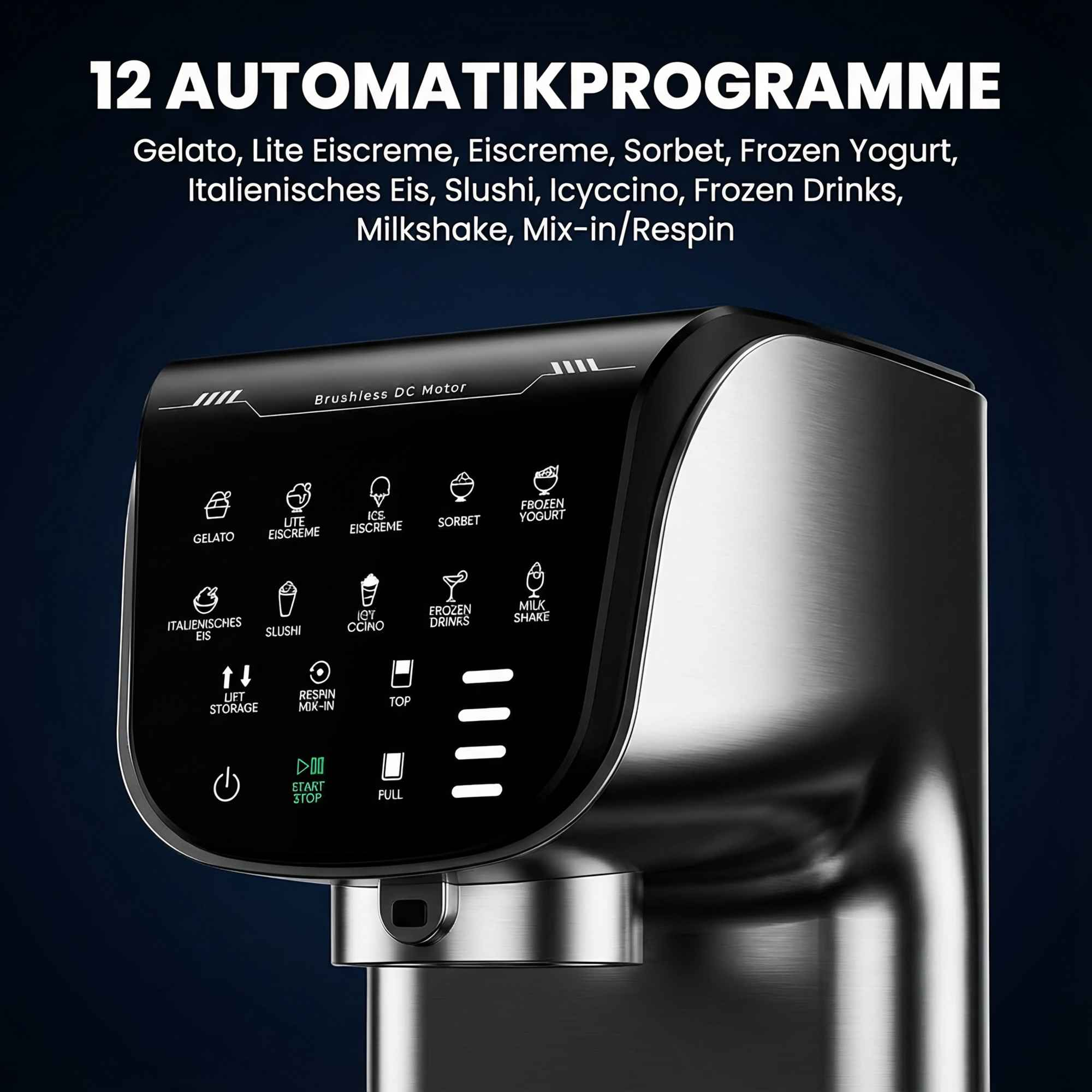 Ein moderner Eismaschinen-Bedienfeld mit Symbolen für 12 Programme wie Gelato, Sorbet.