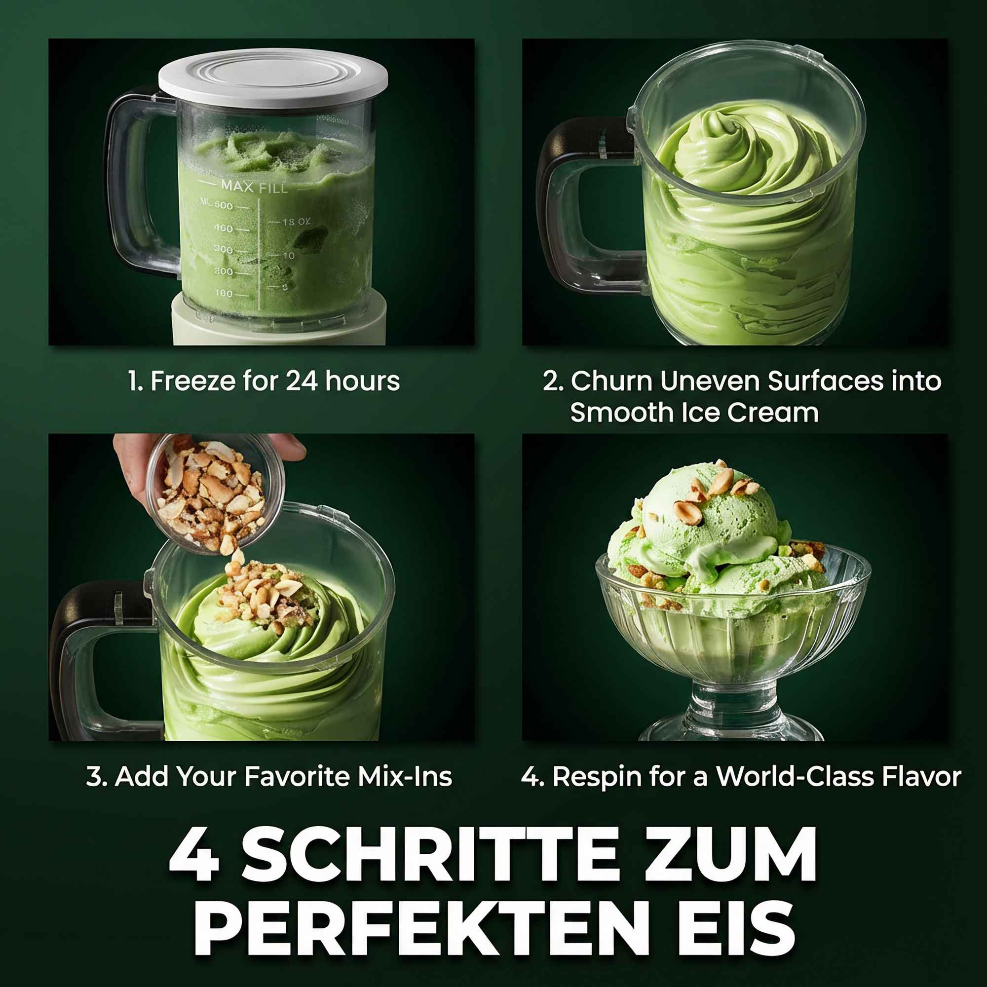 Vier Schritte zur perfekten Eiscreme: Einfrieren, Rühren, Mix-Ins hinzufügen, Genießen.