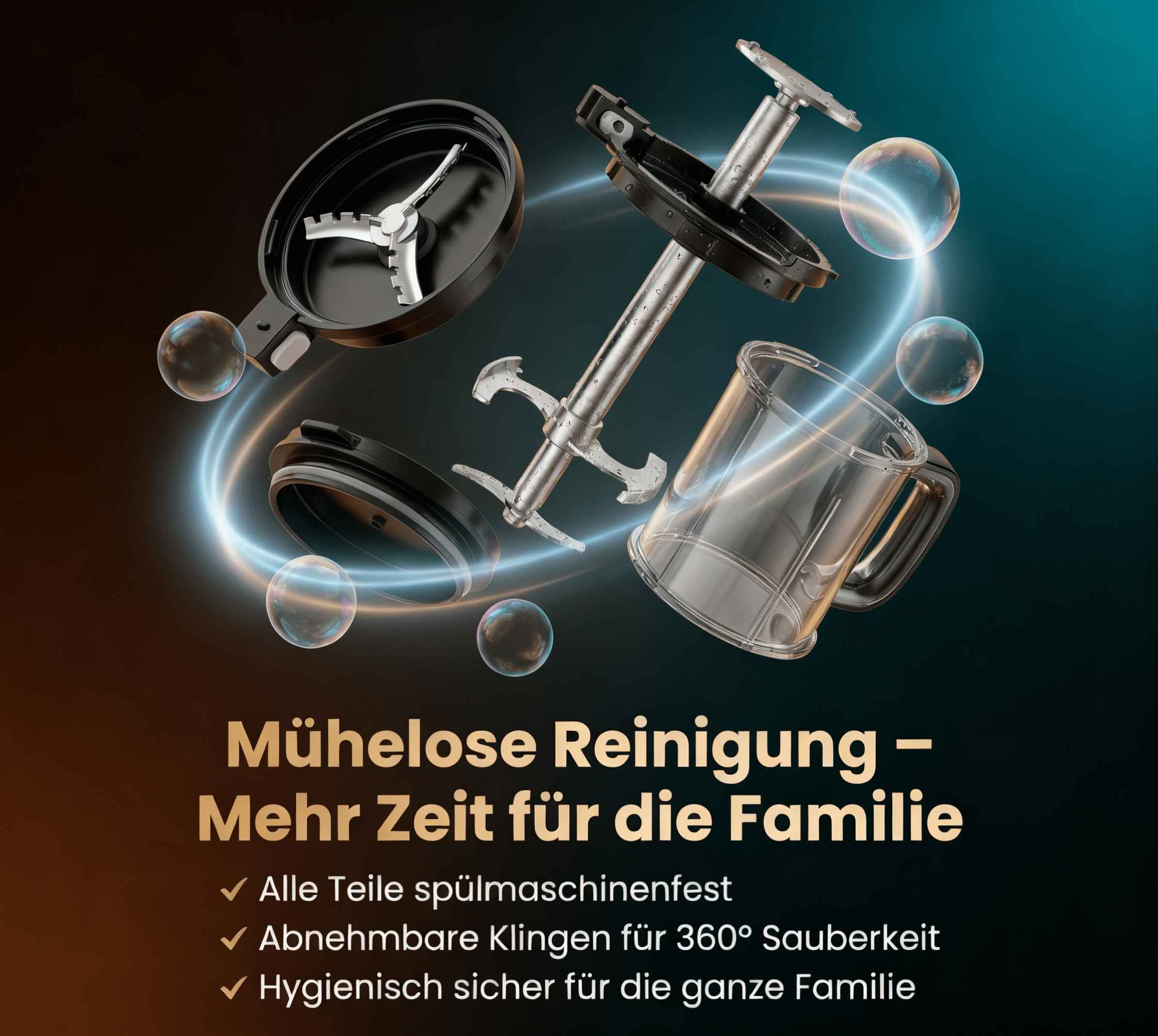 Ein Mixer-Zubehör mit Klingen, Becher und Deckel, umgeben von Blasen.