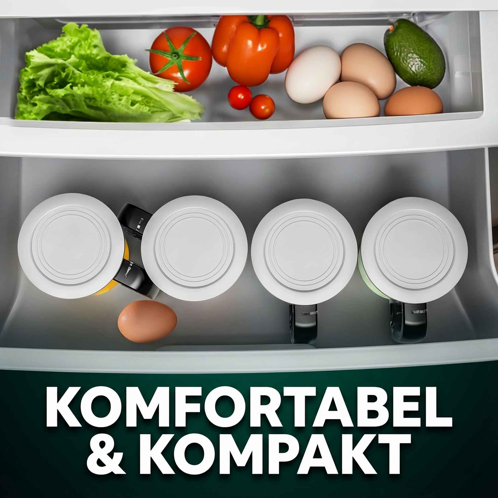 Gemüse und Eier im Kühlschrank. Unten sind vier runde Behälter.