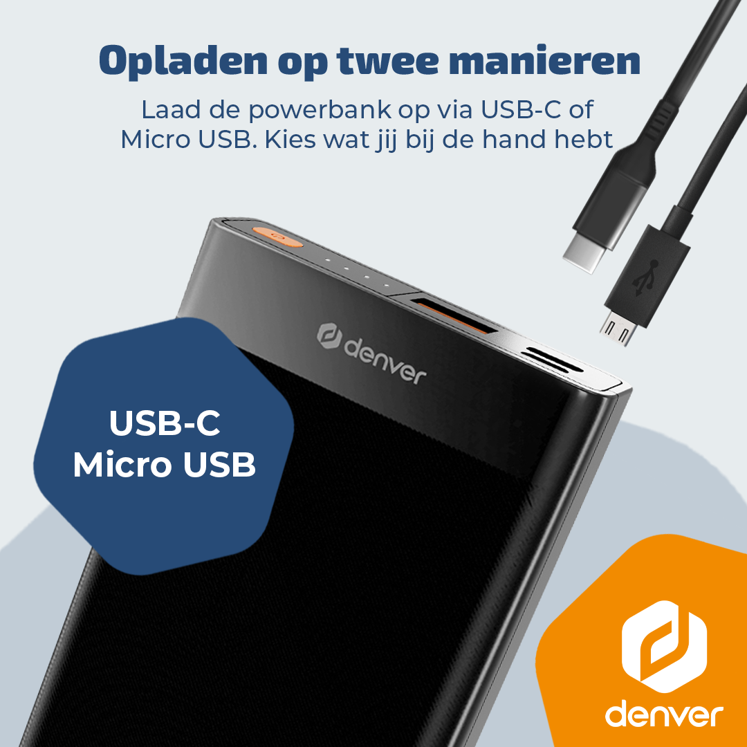 Batterie externe Denver noire avec câbles USB-C et Micro-USB.