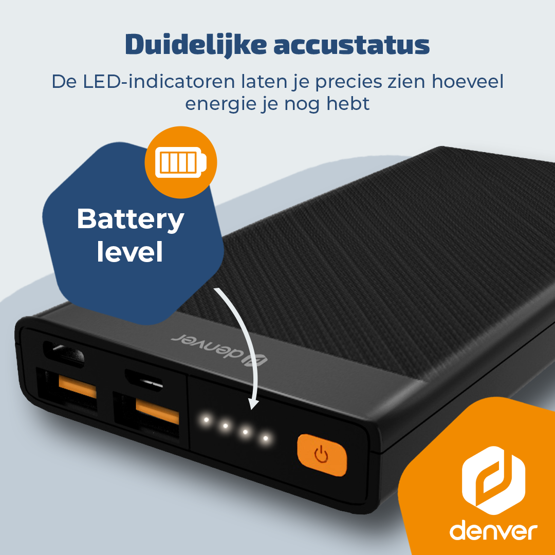Batterie externe noire avec indicateurs LED de niveau de batterie et ports.