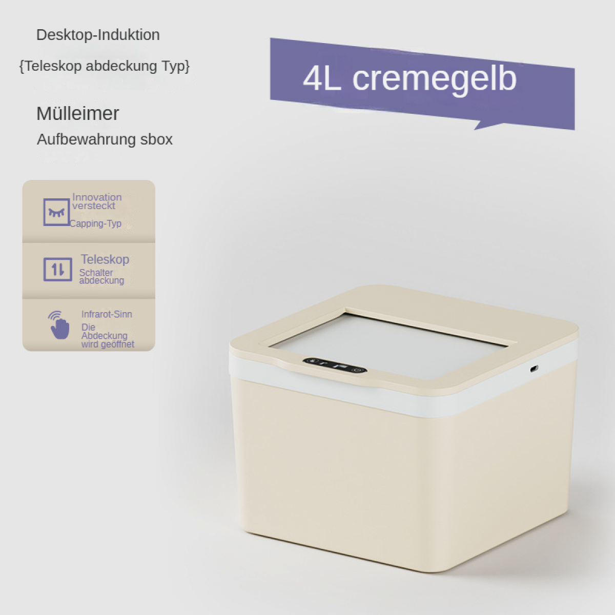 Ein crem-gelber Mülleimer mit 4L Fassungsvermögen, berührungsloser Sensoröffnung.