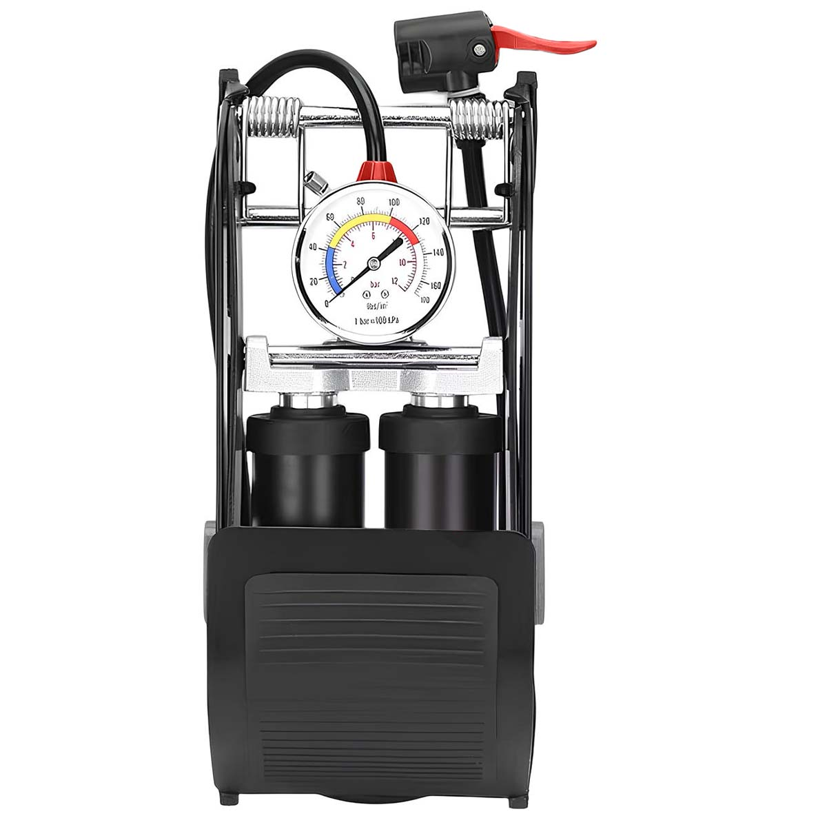 Schwarzer Fußpumpen mit Manometer, Schlauch und Griff. Weißes Manometer zeigt Druck.