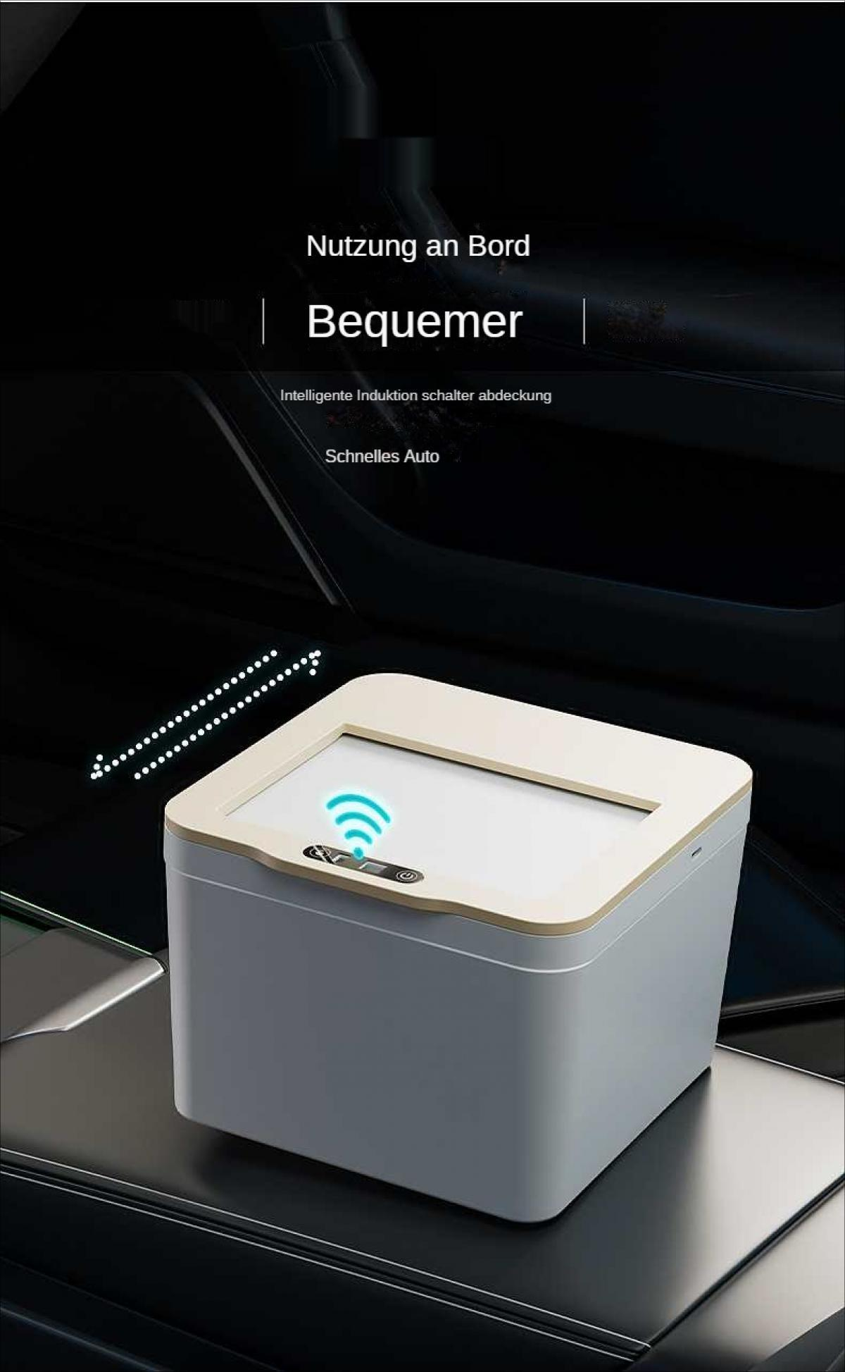 Grauer Mülleimer mit beigem Deckel und WLAN-Symbol, auf einem dunklen Auto-Armaturenbrett.