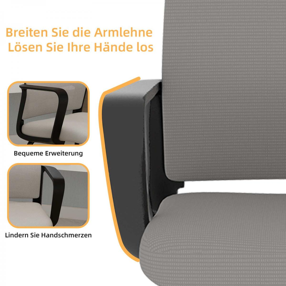 Grauer Bürostuhl mit breiterer Armlehne und zwei Detailansichten.