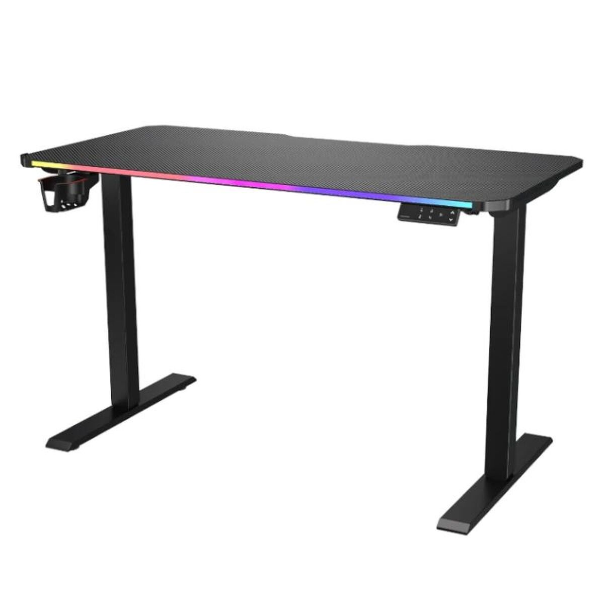 Ein schwarzer Schreibtisch mit RGB-Beleuchtung und einer Getränkehalterung.