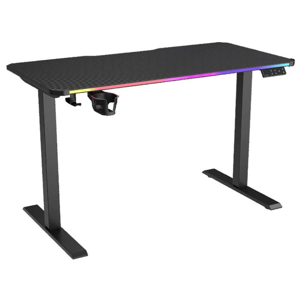 Schwarzer Schreibtisch mit RGB-Beleuchtung, Getränkehalter und Bedienelement.