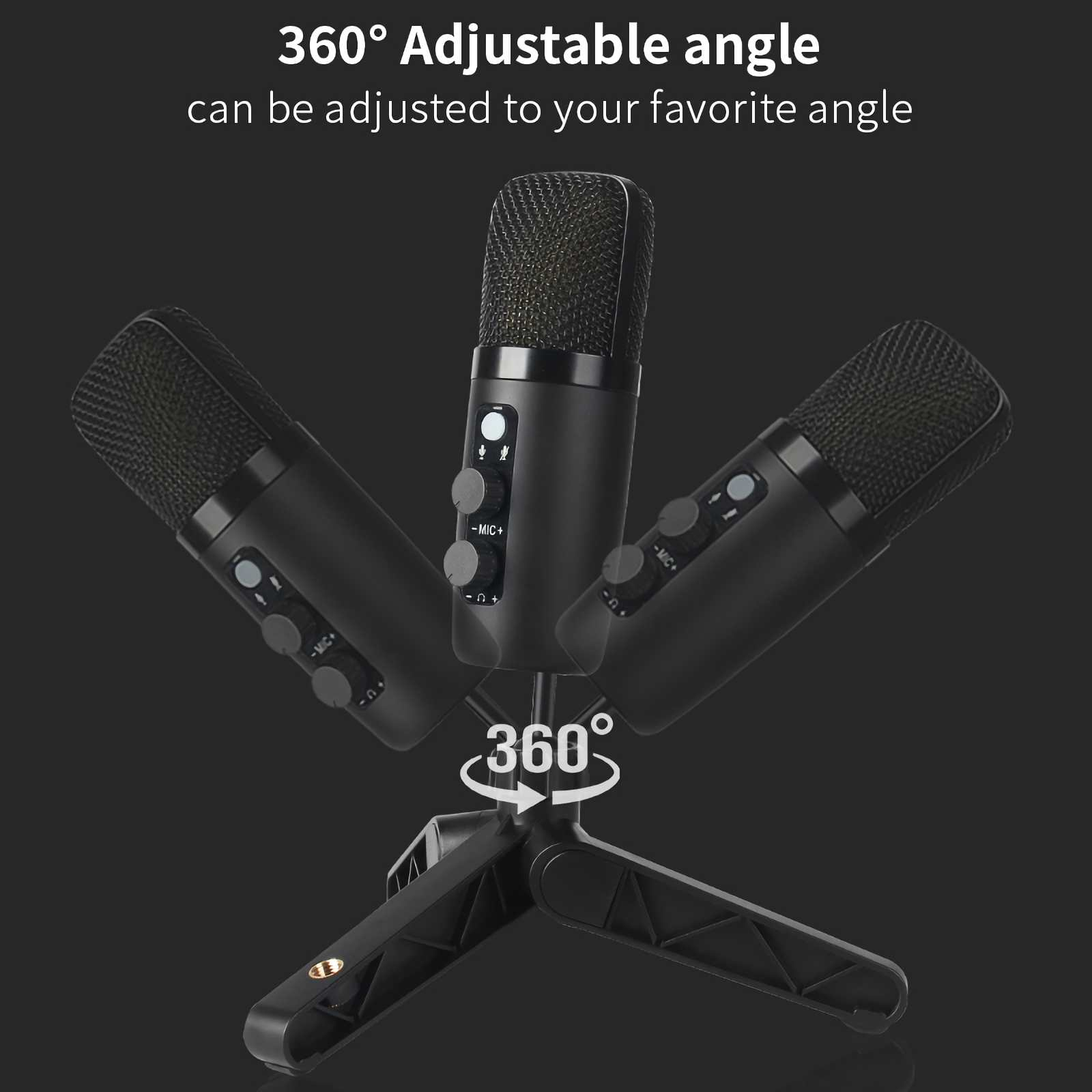 Drei schwarze Mikrofone auf einem schwarzen Hintergrund mit 360-Grad-Symbol.
