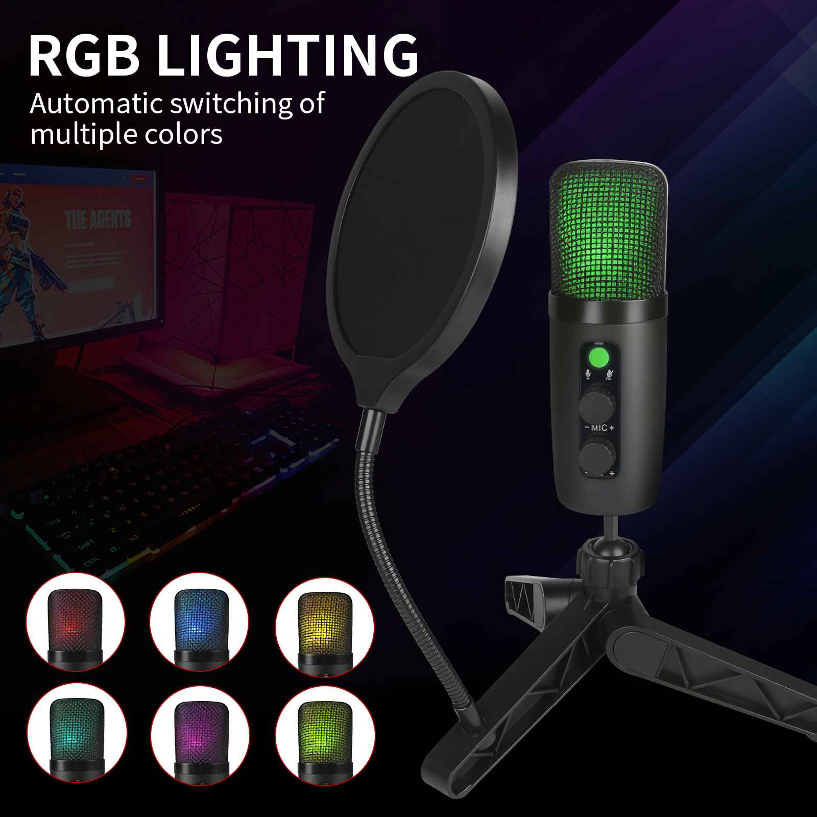 Ein Mikrofon mit RGB-Beleuchtung und Pop-Filter steht auf einem Stativ neben einem Computer.