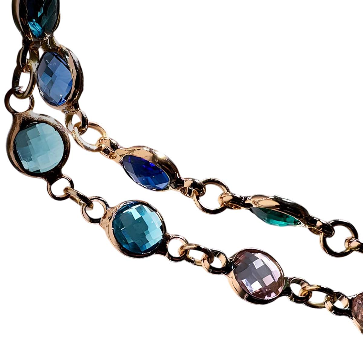 Goldkette mit blauem, türkisfarbenem und rosafarbenem Schmuckstein.