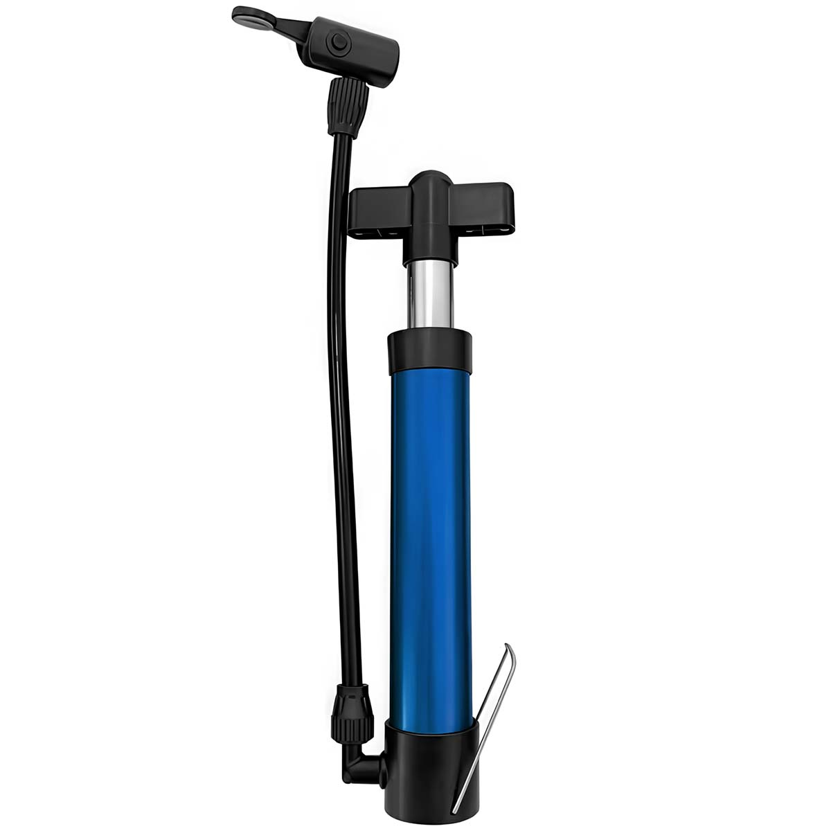 Blauer Fahrradpumpenkörper mit schwarzem Griff und Schlauch.
