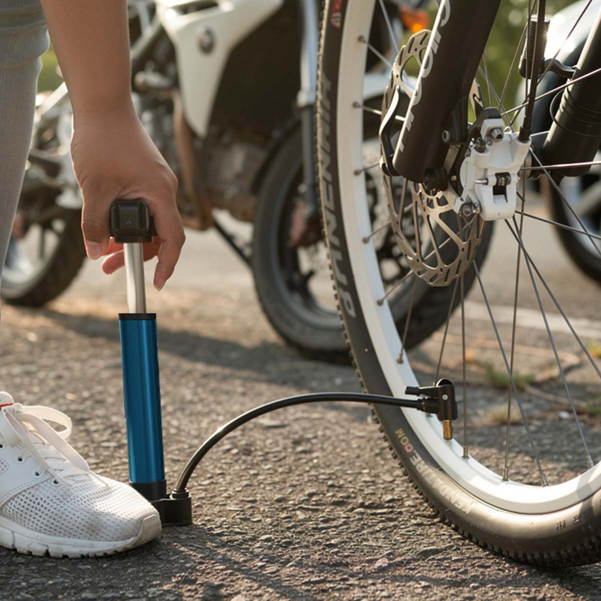 Person pumpt Fahrradreifen mit blauer Pumpe auf. Motorrad im Hintergrund.