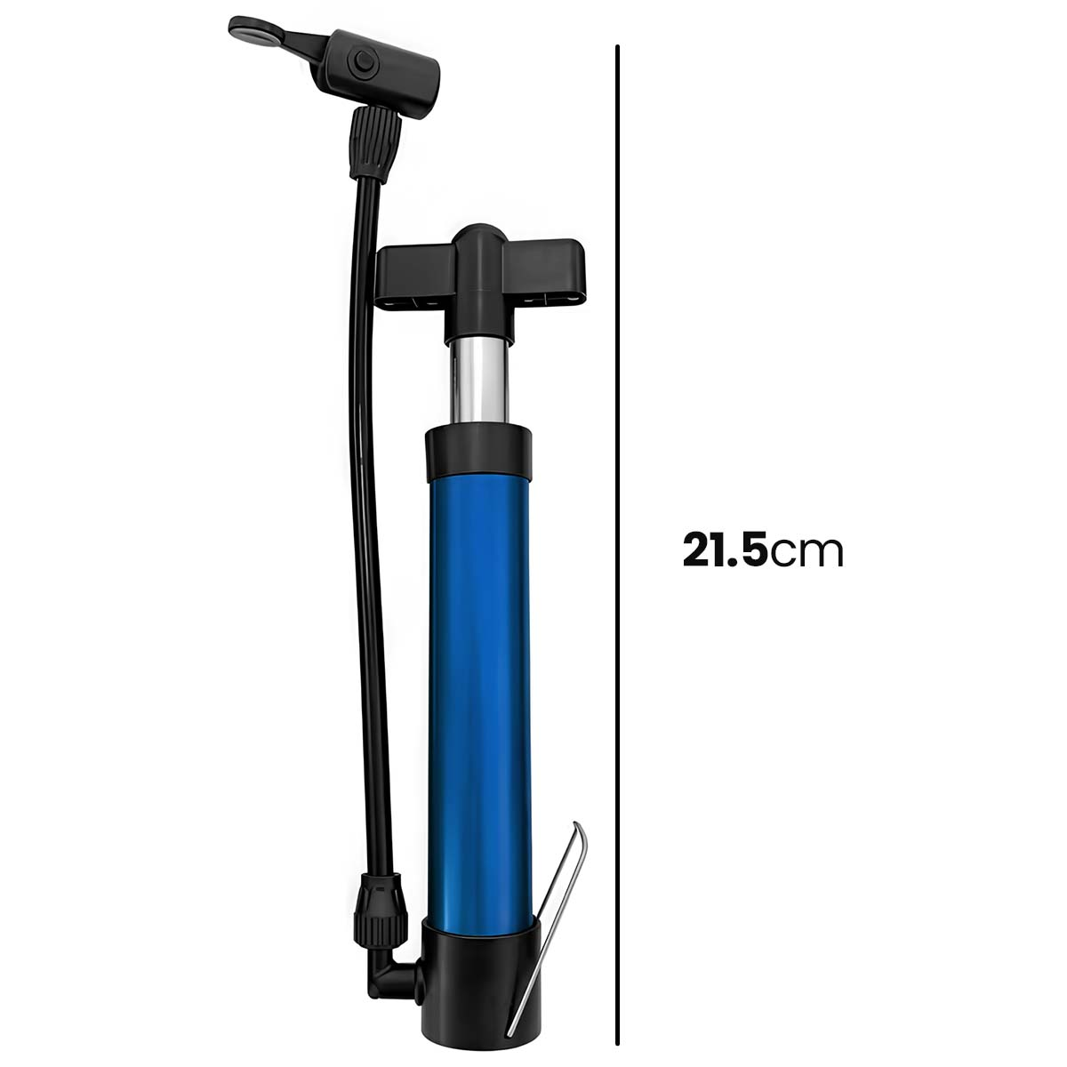 Ein blauer Fahrradpumpenkörper mit schwarzem Griff und Schlauch.