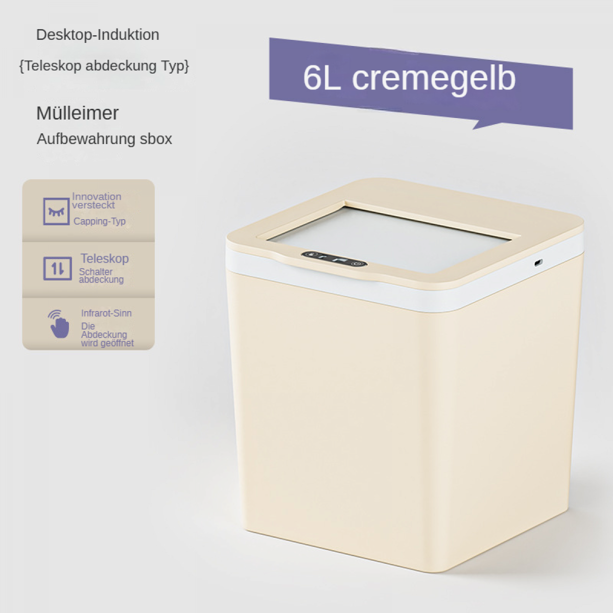 Ein cremefarbener 6L Mülleimer mit Sensor-Deckel und Infobox.