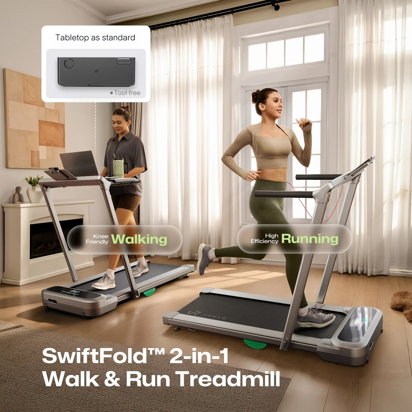 Dwa bieżnie w pokoju: kobieta idzie z laptopem, inna biegnie.