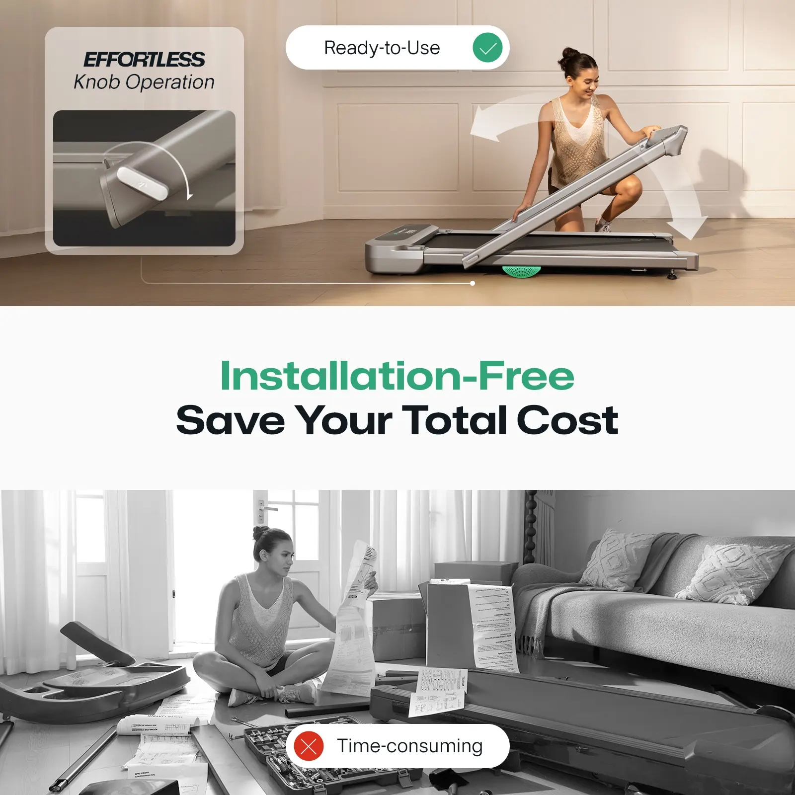 Kobieta składa bieżnię. W pobliżu znajduje się skrzynka z narzędziami i instrukcje.