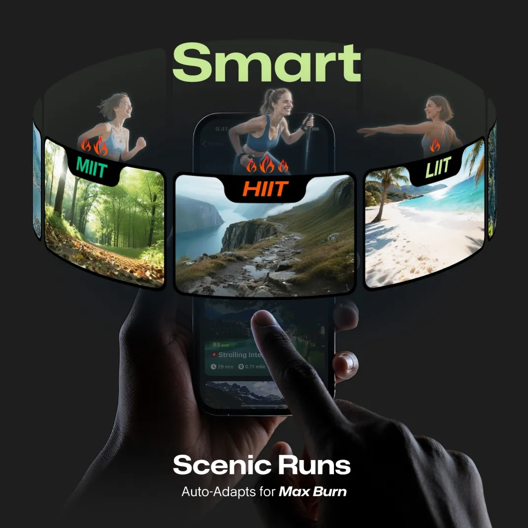 Osoba korzysta ze smartfona z aplikacjami do biegania, pokazującymi sceny lasu, gór i plaży.