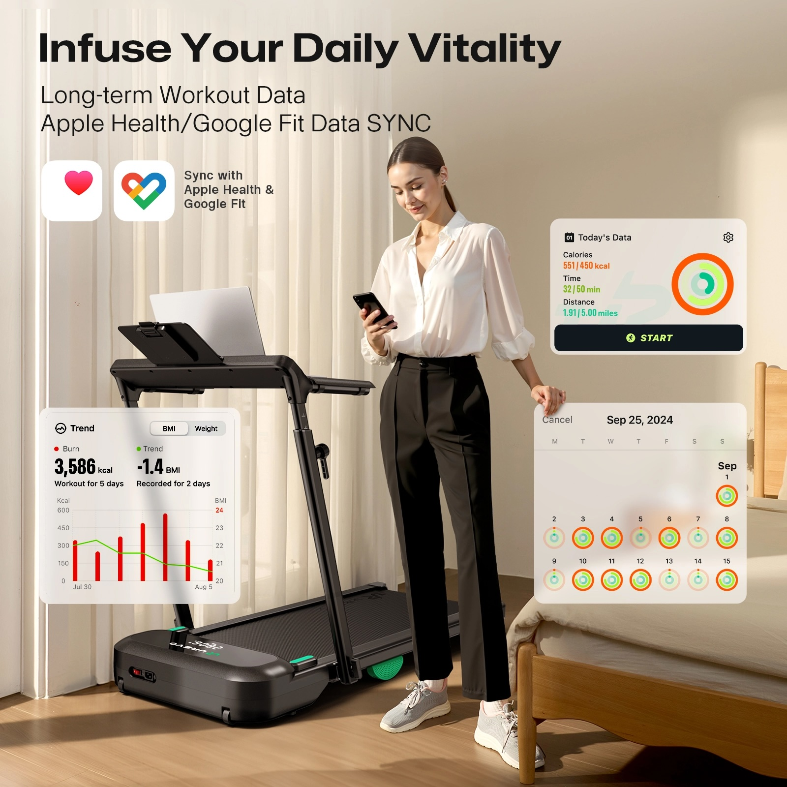 Frau mit Handy vor Laufband, Fitness-Daten auf Displays.