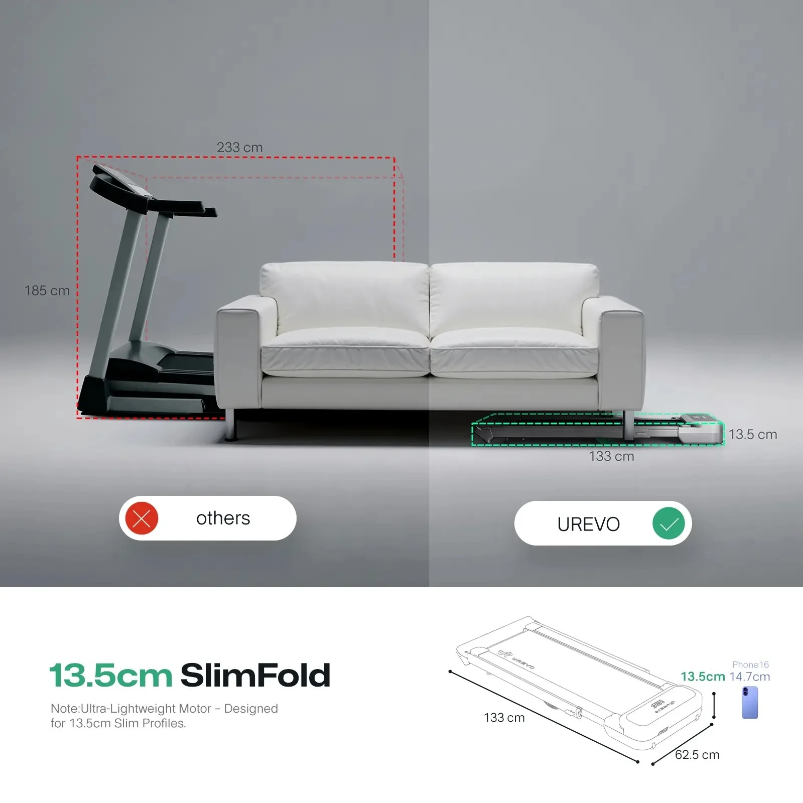 Porównanie rozmiarów bieżni obok sofy. Złożona bieżnia jest smukła.