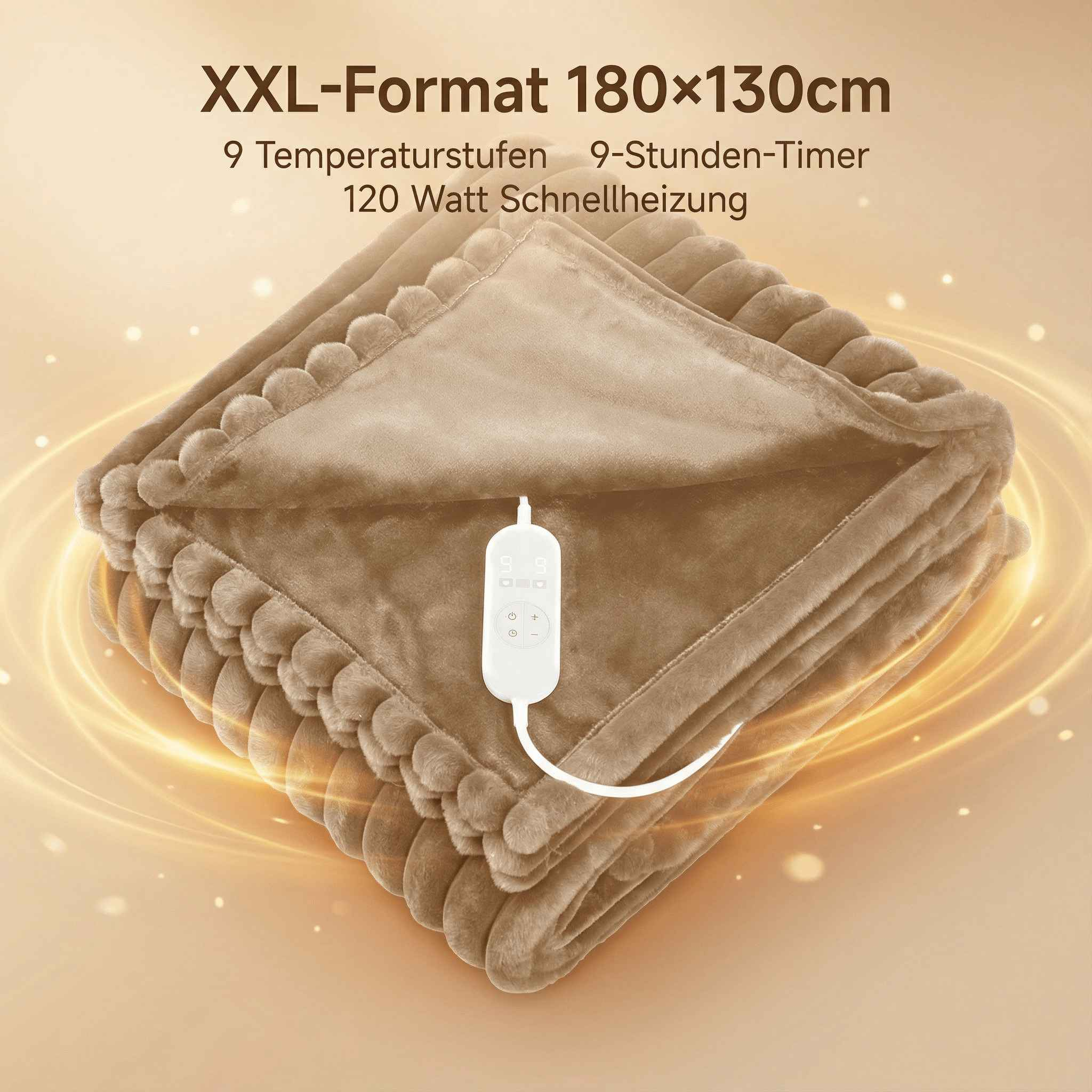 Braune XXL-Heizdecke mit Fernbedienung und Wellenmuster.
