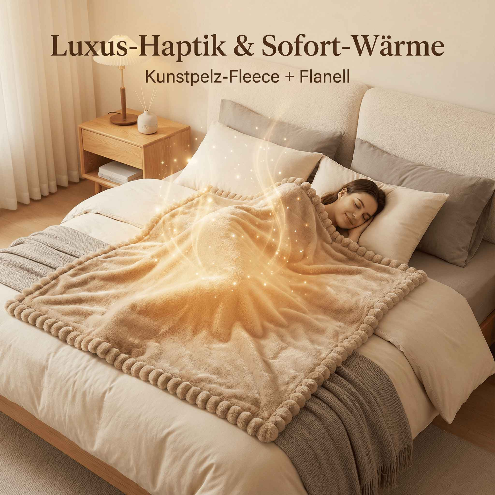Frau schläft unter einer kuscheligen Decke auf einem Bett mit Nachttisch und Lampe.
