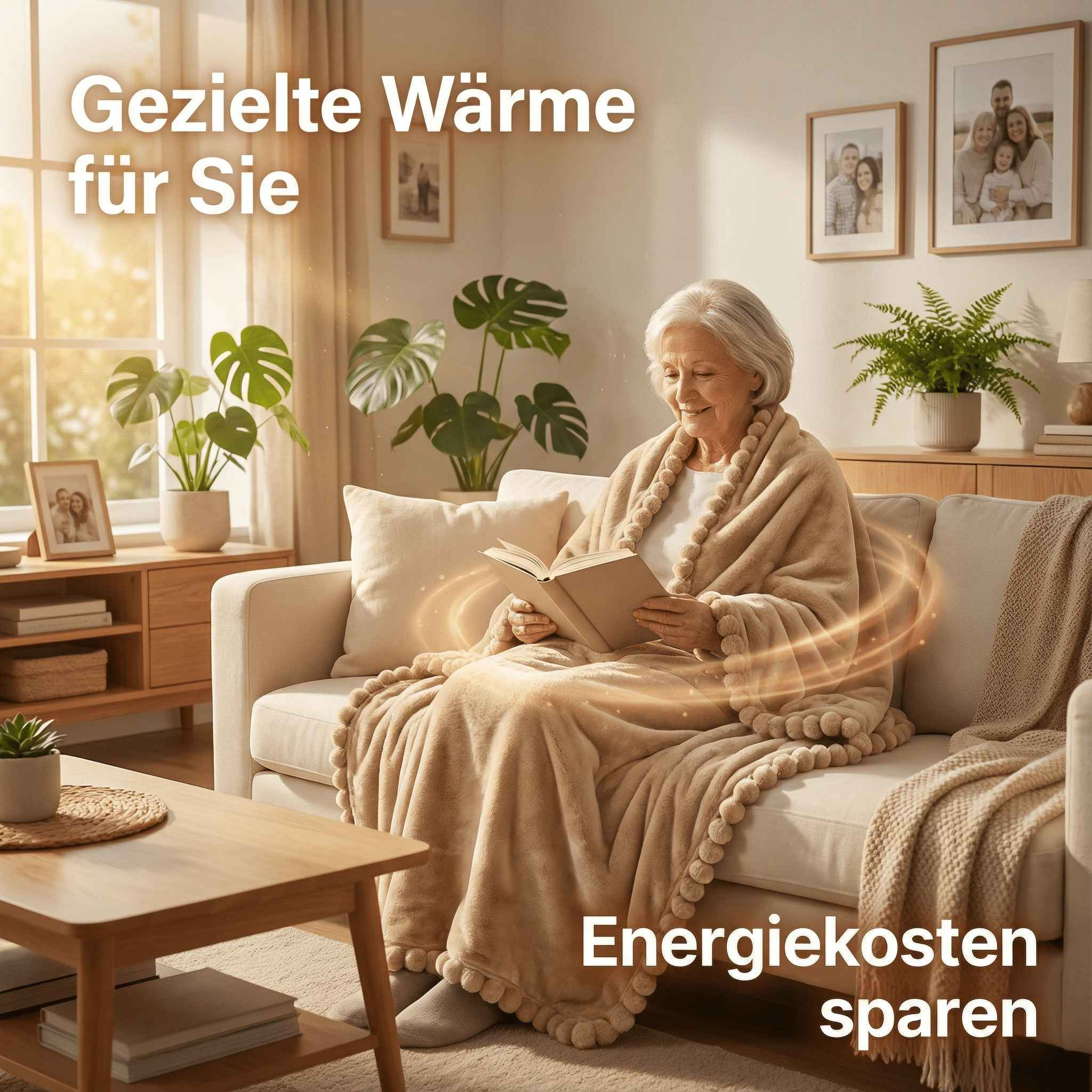 Ältere Frau liest Buch, eingewickelt in Decke, im Wohnzimmer. Text: Gezielte Wärme.