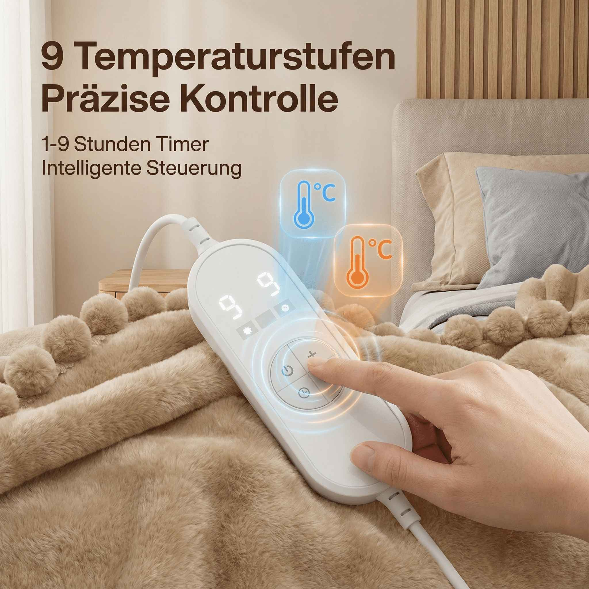 Eine Hand bedient eine weiße Heizdeckensteuerung mit digitalen Anzeigen und Symbolen.