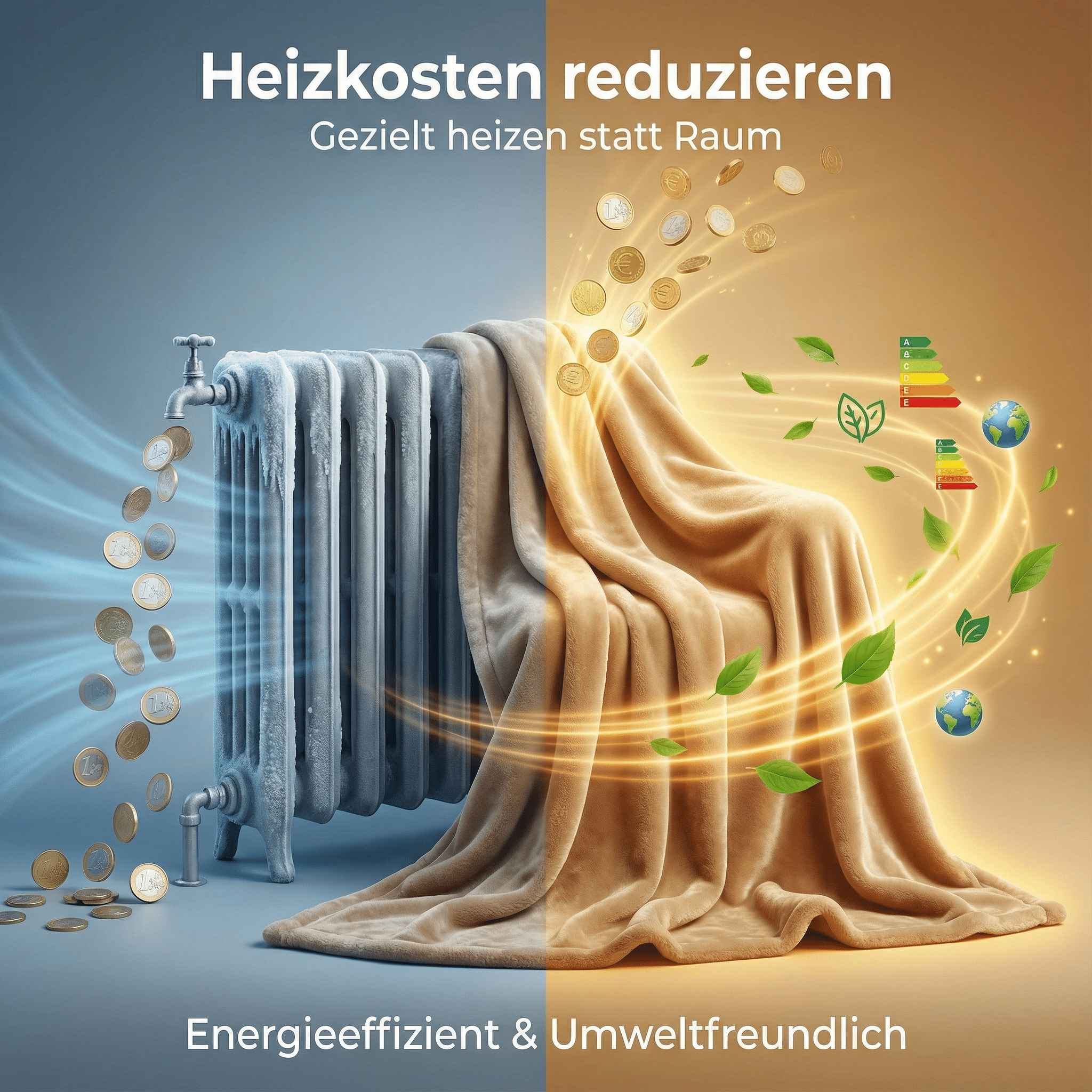 Ein Heizkörper links ist vereist, rechts ist eine Decke um ihn gelegt. Münzen und Blätter sind sichtbar.
