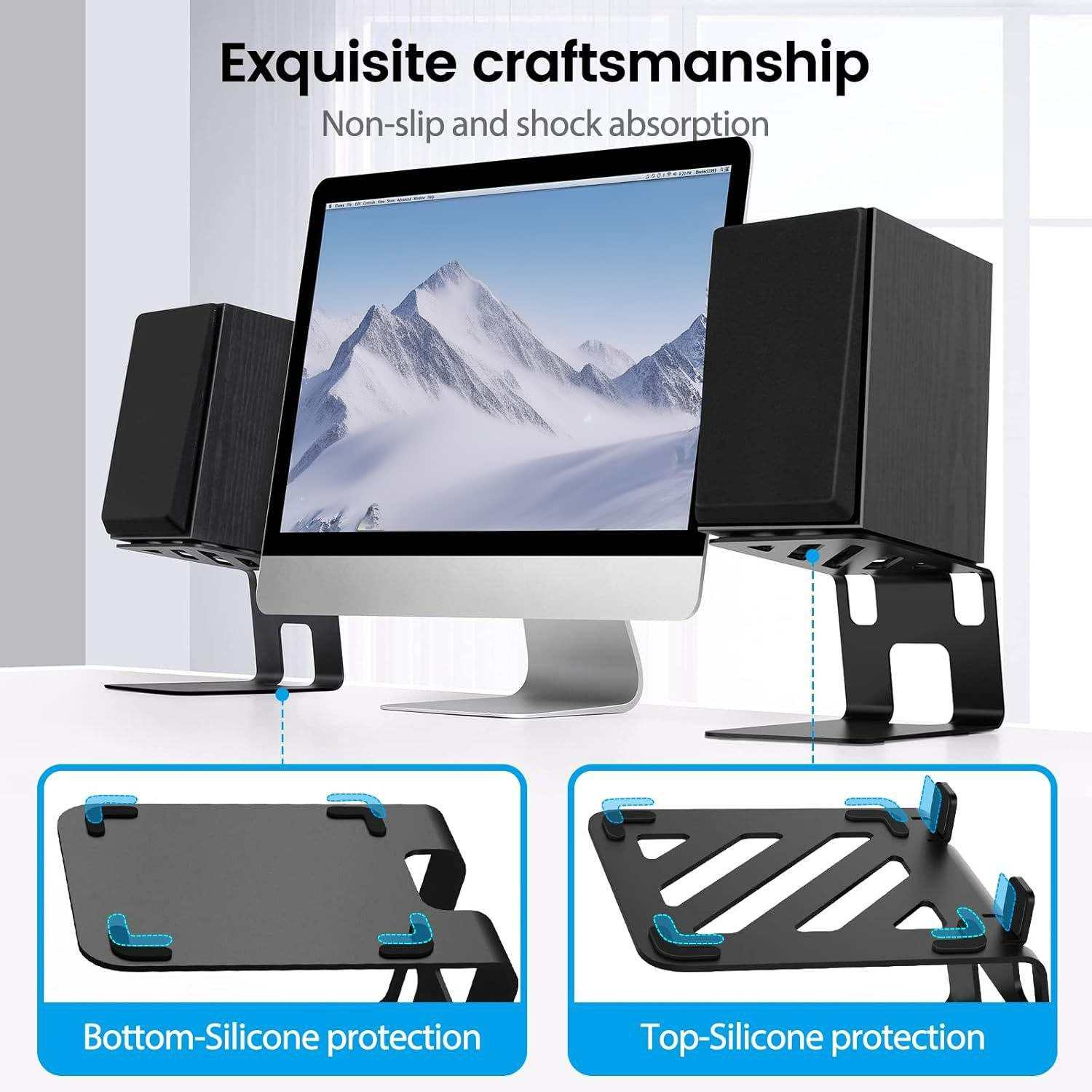 Ein Computer-Setup mit einem Monitor, zwei Lautsprechern und zwei Detailansichten.