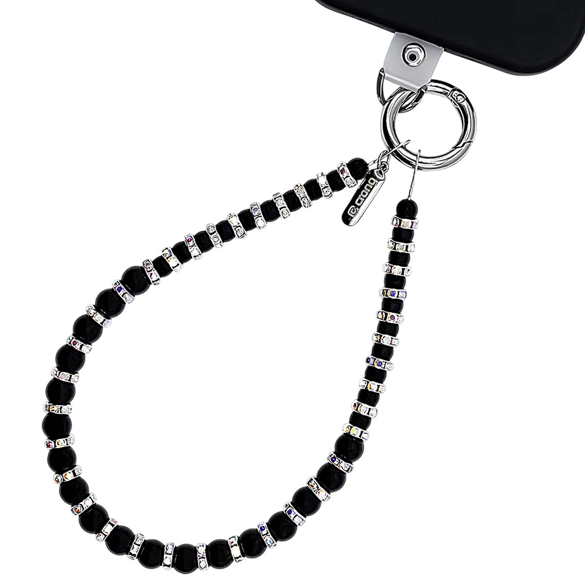 Bracciale di perline nere con strass argentati e colorati attaccato a un portachiavi.