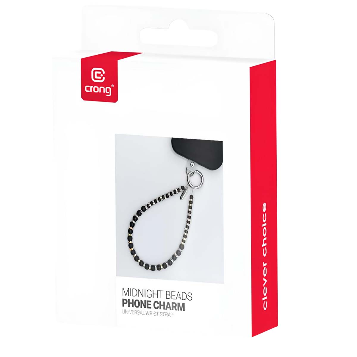 Confezione con un charm per telefono con perline nere e striscia rossa.