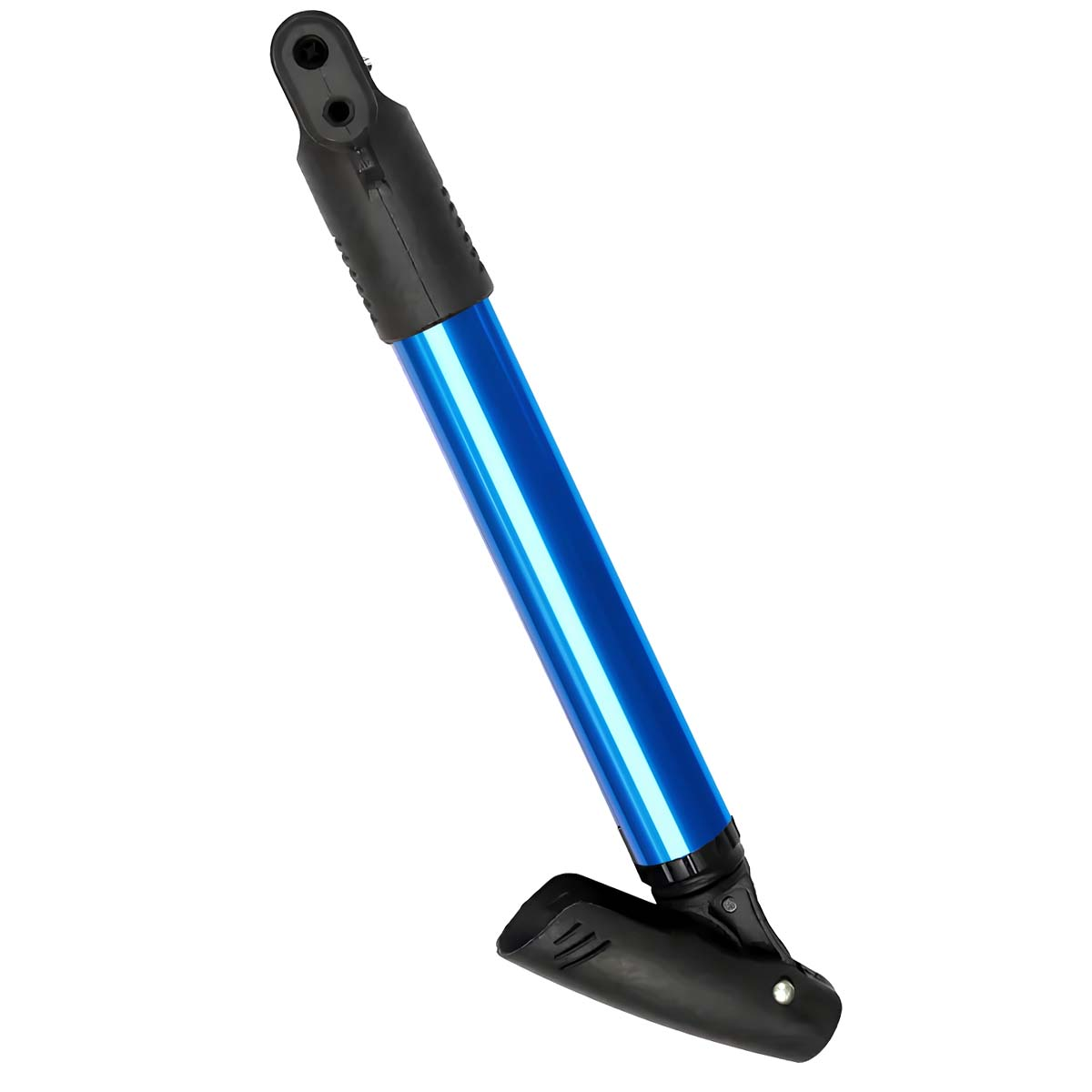 Blauer Fahrradreifenfüller mit schwarzem Griff und Fußstütze.
