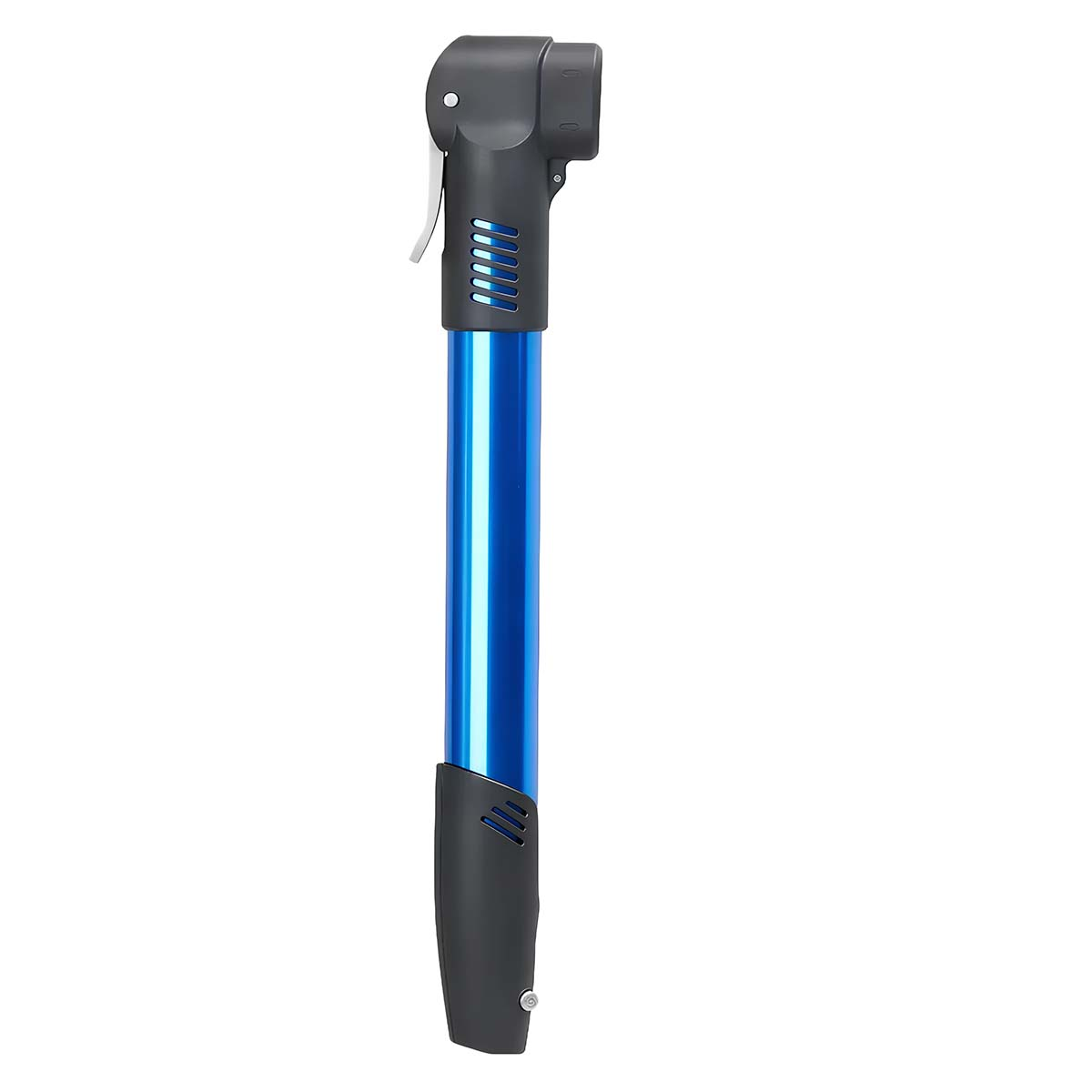 Eine blaue und graue Fahrradpumpe mit silbernem Hebel und Belüftungsschlitzen.